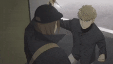 a man in a black hat is holding a knife to another man