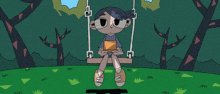 a cartoon of a girl sitting on a swing holding a box