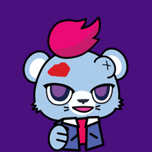 a cartoon drawing of a bear with a mohawk and a cross on its forehead