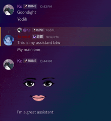 a screenshot of a text conversation between rune and yodih