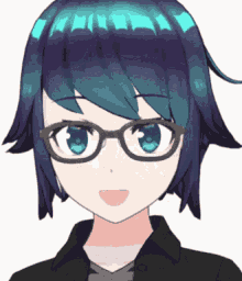 a girl with blue hair and glasses is wearing a black shirt