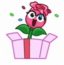 a cartoon rose with glasses is coming out of a pink box .