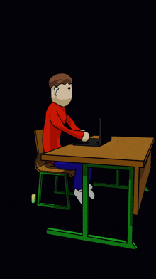 a cartoon character is sitting at a desk with a laptop