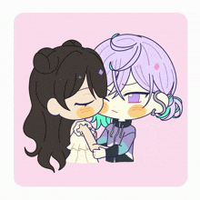 a girl with purple hair is hugging another girl with black hair on a pink background