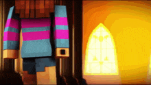 a cartoon character in a blue and pink striped shirt standing in front of a window