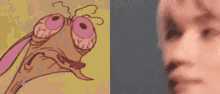 a close up of a cartoon character 's face and a close up of a person 's face .