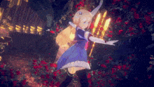 a girl in a blue dress is surrounded by red flowers