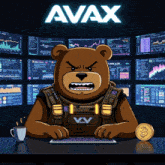 a cartoon of a bear sitting in front of a wall of computer monitors with the word avax on the bottom