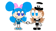 two cartoon characters are holding hands and one is wearing a blue shirt with a mickey mouse on it