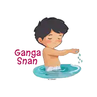 a cartoon of a boy taking a bath with the words ' ganga snan ' written on the bottom