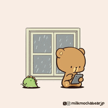 a cartoon of a teddy bear standing in front of a window with the words mochabearjp below it