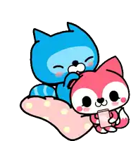 a blue cat is laying on a pink pillow next to a red cat who is holding a cell phone