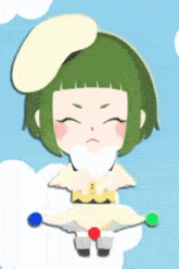 a cartoon girl with green hair and a white hat
