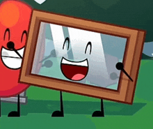 a cartoon character is holding a picture frame and smiling