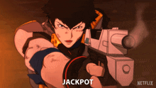 a cartoon character is holding a gun and the word jackpot is on the bottom right