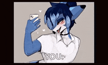 a furry girl is taking a selfie with her phone .