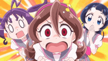 a group of anime girls are standing next to each other and one of them has a surprised look on her face