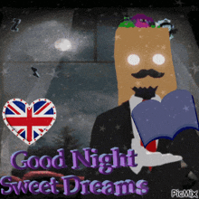 a man with a paper bag on his head reading a book with the words good night sweet dreams written below him