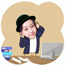 a cartoon of a woman wearing a hat sitting at a desk with papers and a computer