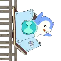 a cartoon penguin is reading a book with a hourglass on it
