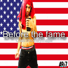 a man taking a picture of himself in front of an american flag with the words before the fame