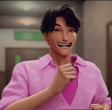 a man in a pink shirt is smiling while holding a necklace .