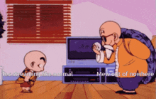 a cartoon of a man with a turtle on his back talking to a little boy with the words " too streaming like normal "