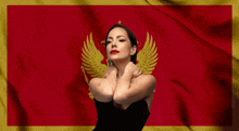 a woman in a black dress is standing in front of a red flag