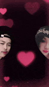 a picture of a man and a woman with pink hearts around them