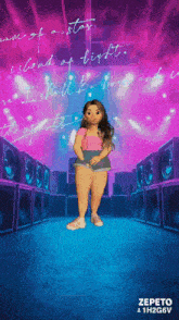 a cartoon girl is standing in front of a row of speakers with the words zepeto 1h2g6v on the bottom right