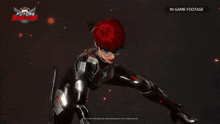a woman with red hair is holding a gun in a marvel future revolution game