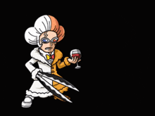 a cartoon character holding a pair of scissors and a wine glass