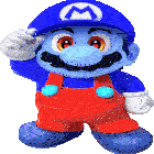 a cartoon character wearing overalls and a blue hat with a m on it