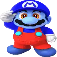 a cartoon character wearing overalls and a blue hat with a m on it