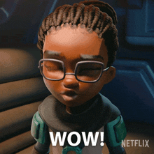 a cartoon character with glasses and the word wow on the bottom right