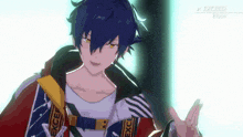 a boy with blue hair and yellow eyes is wearing a colorful jacket and making a peace sign .