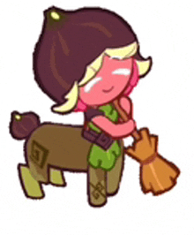 a cartoon girl is standing next to a centaur with a broom in her hand .