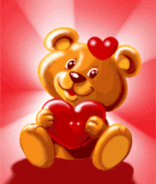 a teddy bear is holding a red heart with a heart on its head