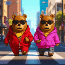 two teddy bears wearing sunglasses and hoodies crossing a street