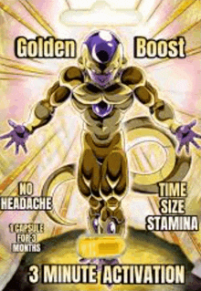 a poster of a cartoon character with a capsule in front of him that says golden boost time size stamina 3 minute activation .