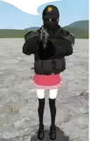 a girl in a pink skirt is holding a gun while wearing a military uniform
