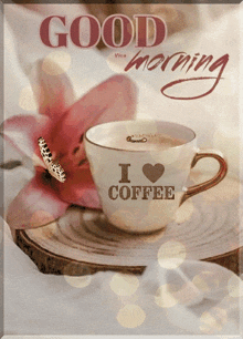 a cup of coffee with the words i love coffee written on it