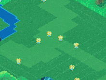 a bunch of cartoon characters are standing in a grassy area
