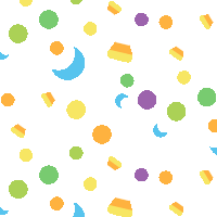 a white background with colorful circles and a crescent moon