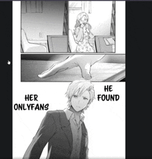 a black and white drawing of a man and a woman with the words " he found her onlyfans " on the bottom