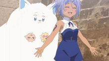 a girl in a blue dress is standing next to a white cat