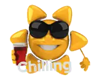 a cartoon sun wearing sunglasses and holding a drink with the word chilling written underneath
