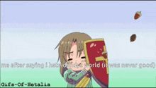 a cartoon of a girl holding a shield with a quote from gifs-of-hetalia