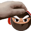 a hand is holding a cartoon character 's head with headphones .
