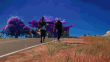 a couple of people walking down a road with purple swirls in the background